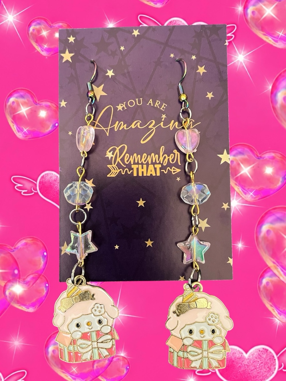 Iridized Pink Star & Heart Drop Earrings for Kids